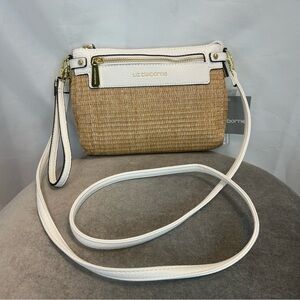 Liz Claiborne Elly Tan White woven straw Crossbody Clutch Wristlet Purse Jute